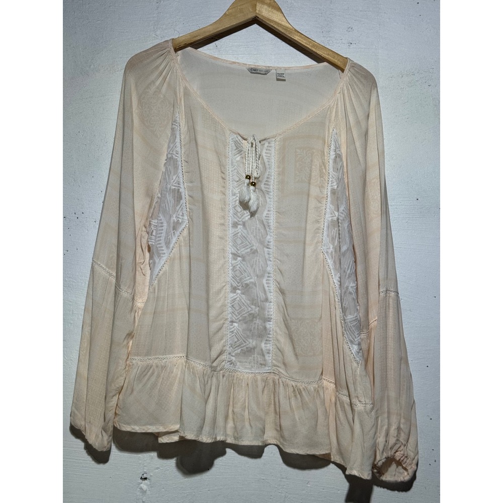 Cato Womens Boho Peasant Blouse 18/20W Peach Embroidered Lace Rayon Tassel Top